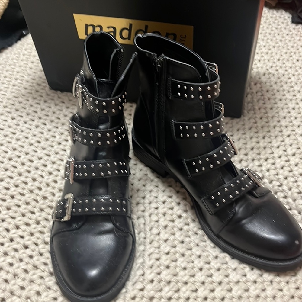 Hardly Worn - Black Madden NYC Studded Moti Boots with Buckles.